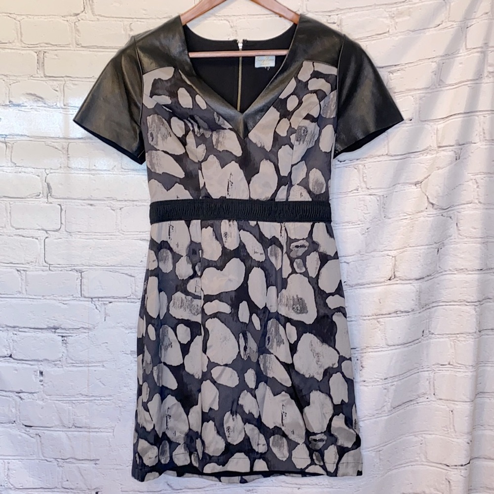 Tracy Reese New York Black Gray Lambskin Leather Short Sleeve Dress Size 4